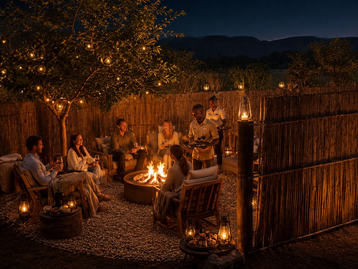 Night boma fire with guests at Bossi Lodge