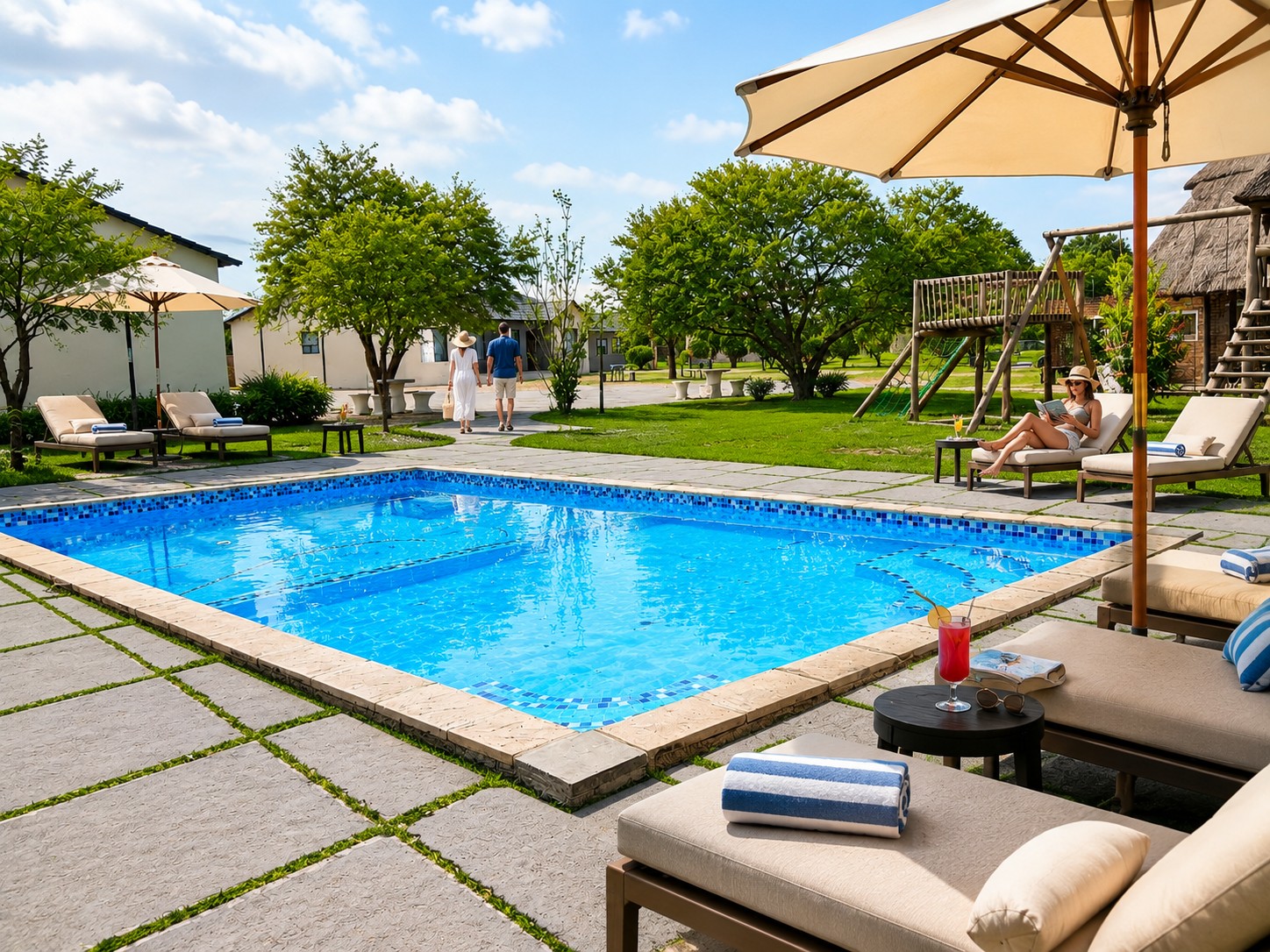 Pool loungers and guest relaxation at Bossi Lodge